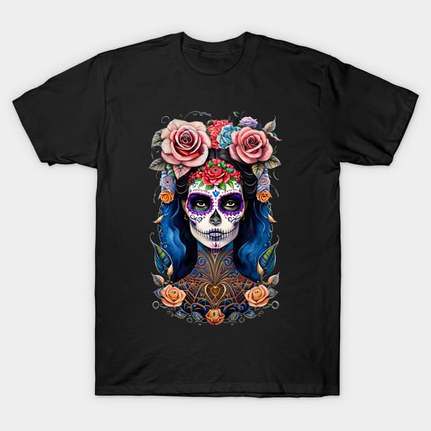 Sugar Skull Art -Woman in Gorgeous Skull Makeup T-Shirt by ImaginativeInkPOD